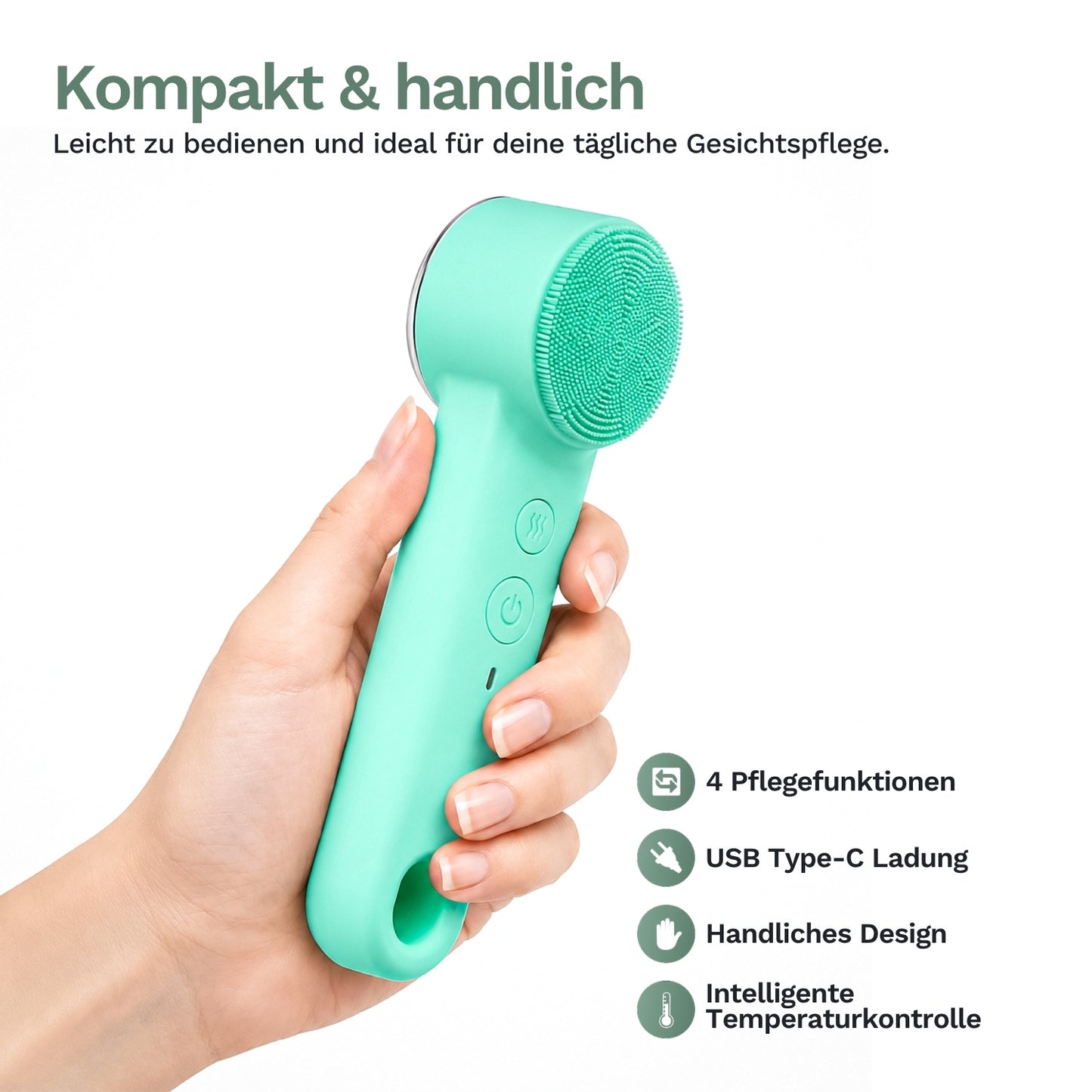 A hand holds the mint green Lazurec Care 083 Gesichtsreinigungsbürste mit Wärme- & Kühlfunktion. German text highlights compact design, 4 care functions, EMS function, USB-C charging, ergonomic shape, and smart temperature control.