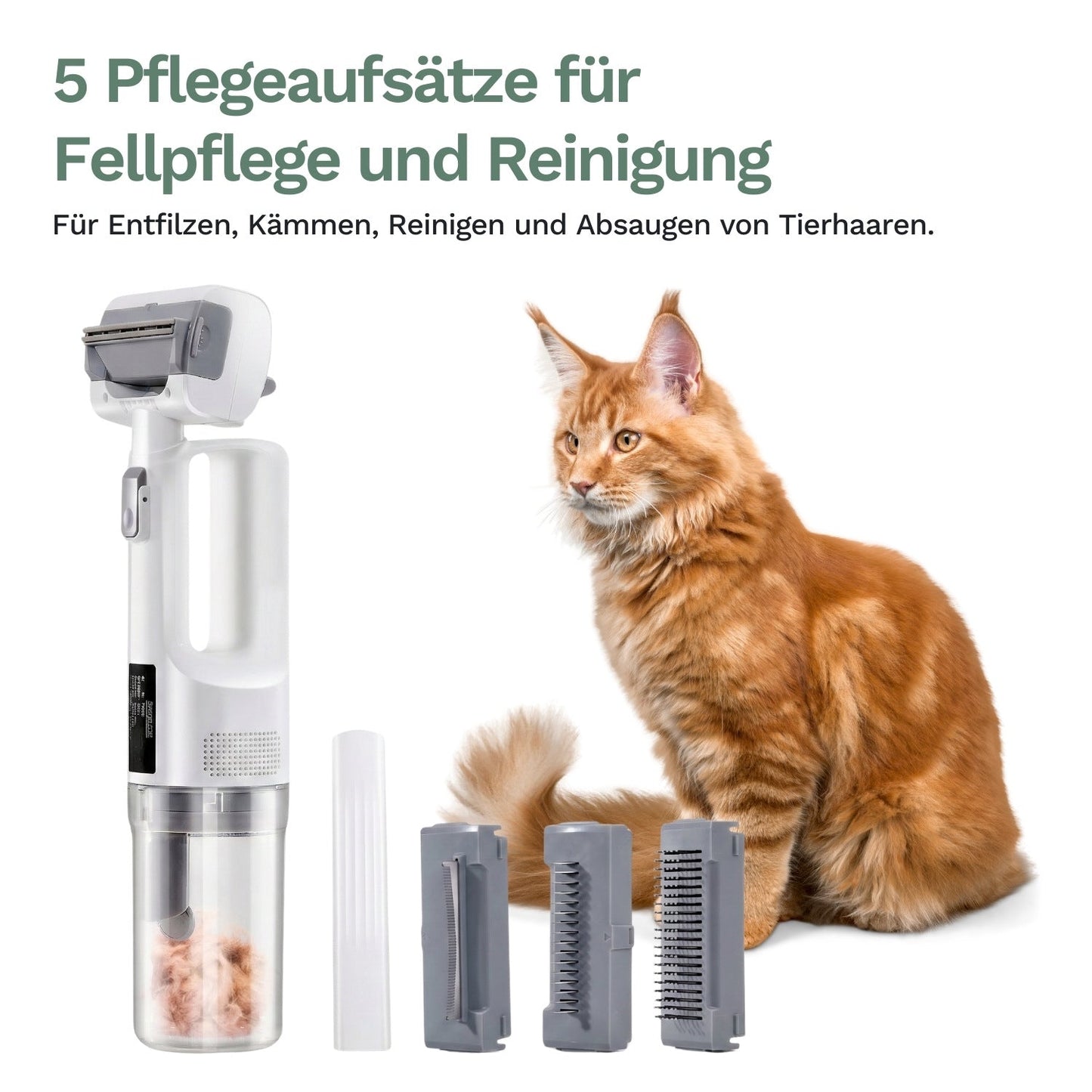 Tierhaar-Staubsauger mit fünf Pflegeaufsätzen für Entfilzen, Kämmen und Absaugen von Tierhaaren, neben einer Katze dargestellt für vielseitige Fellpflege zuhause.