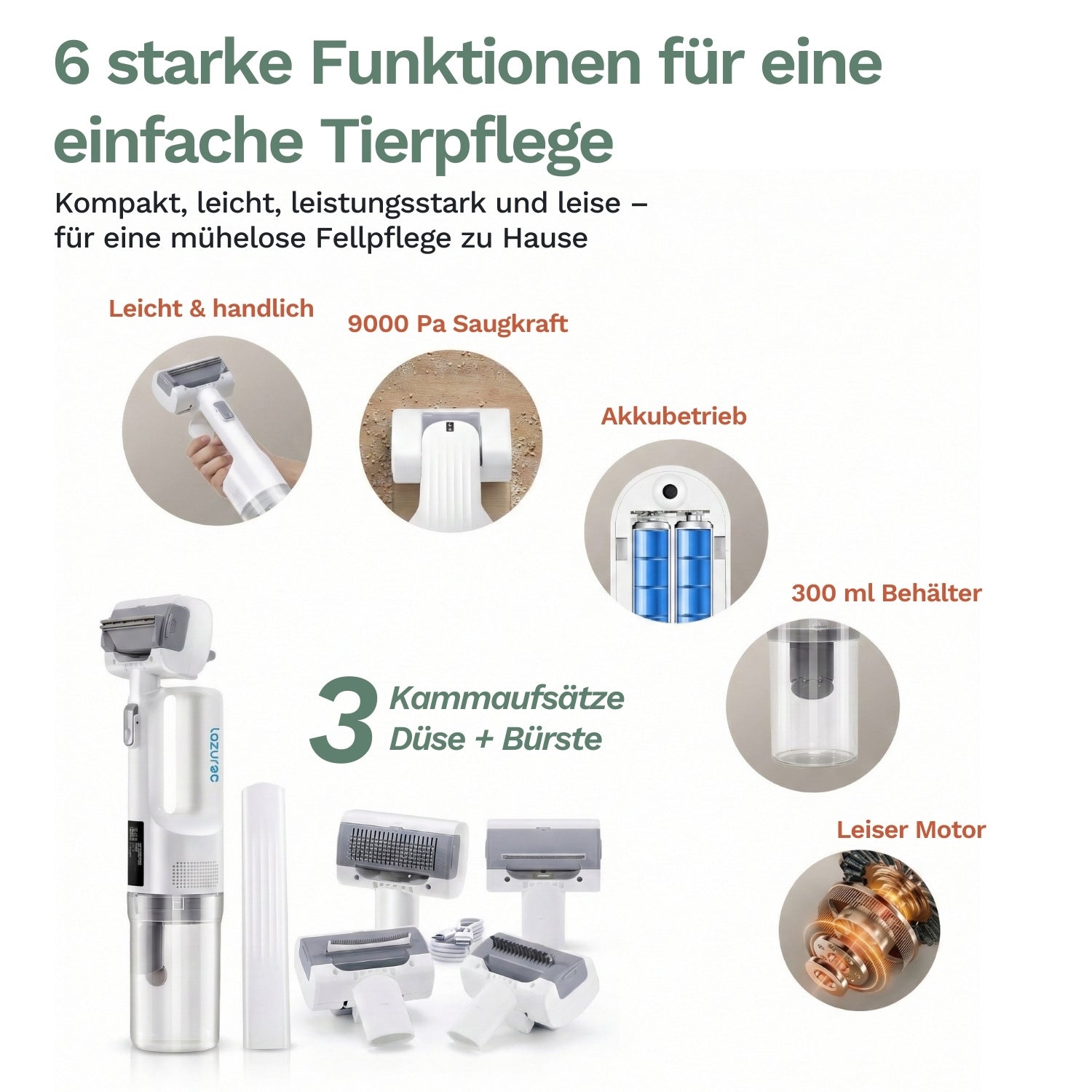 Kabelloser Tierhaar-Staubsauger mit mehreren Aufsätzen bietet starke 9000 Pa Saugkraft, leisen Motor, Akkubetrieb und handliches Design für einfache Fellpflege zuhause.