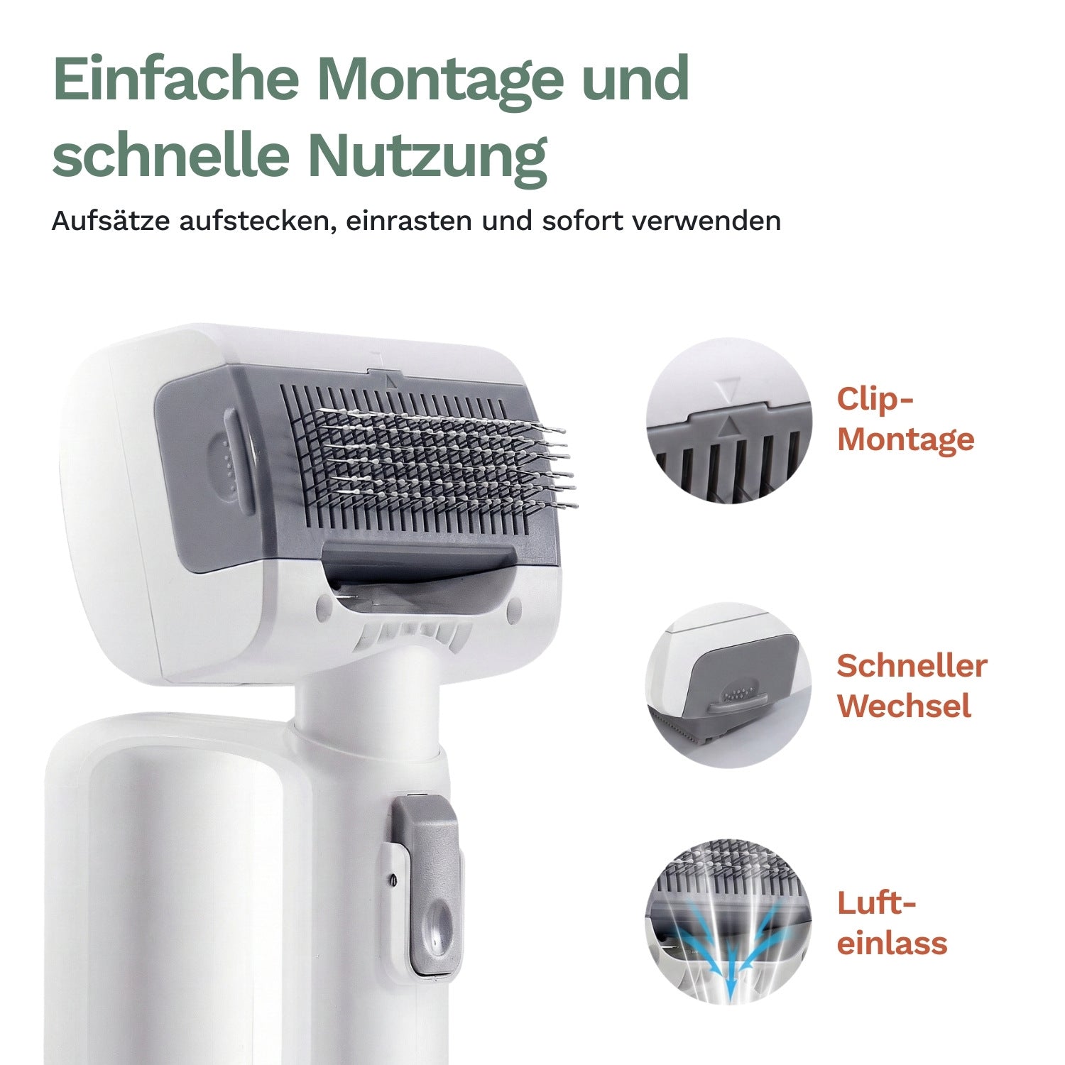 Tierhaar-Bürstenaufsatz mit Clip-Montage lässt sich einfach aufstecken und schnell wechseln, mit integriertem Lufteinlass für effiziente Fellpflege.
