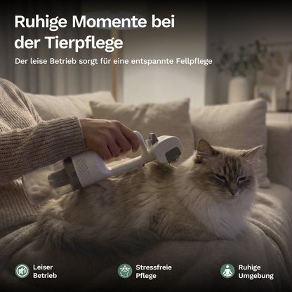 Person entfernt sanft Tierhaare mit leisem Handstaubsauger von Katze auf Sofa, sorgt für stressfreie und ruhige Fellpflege zuhause.