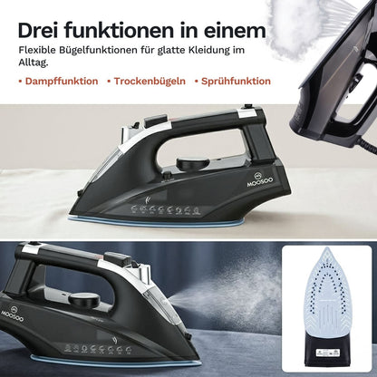 Drei Funktionen in einem Dampfbügeleisen: Dampffunktion, Trockenbügeln und Sprühfunktion, dargestellt an einem MOOSOO Bügeleisen.