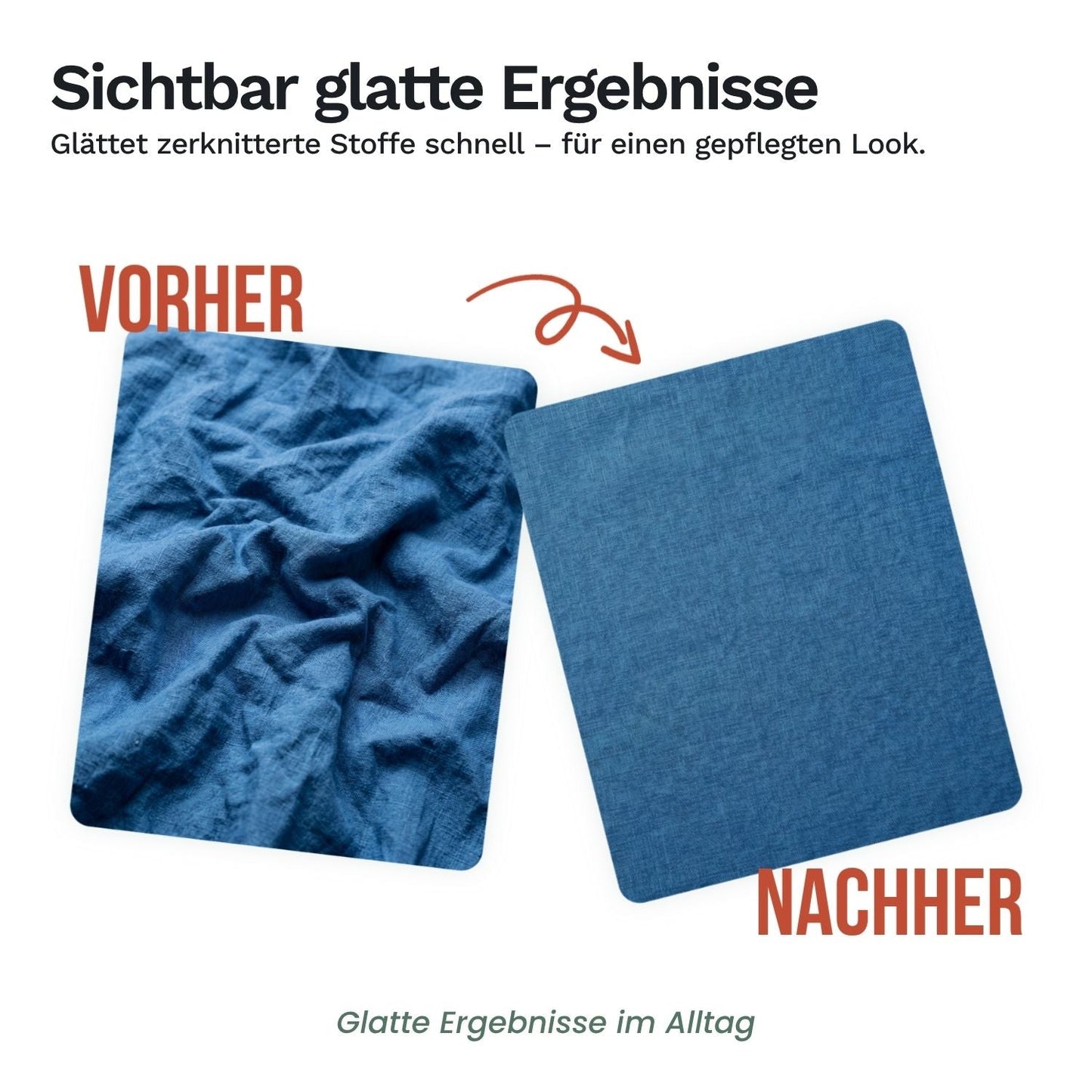 Vorher-Nachher Vergleich: Das MOOSOO Dampfbügeleisen glättet zerknotete Stoffe schnell für sichtbar glatte Ergebnisse und einen gepflegten Look.