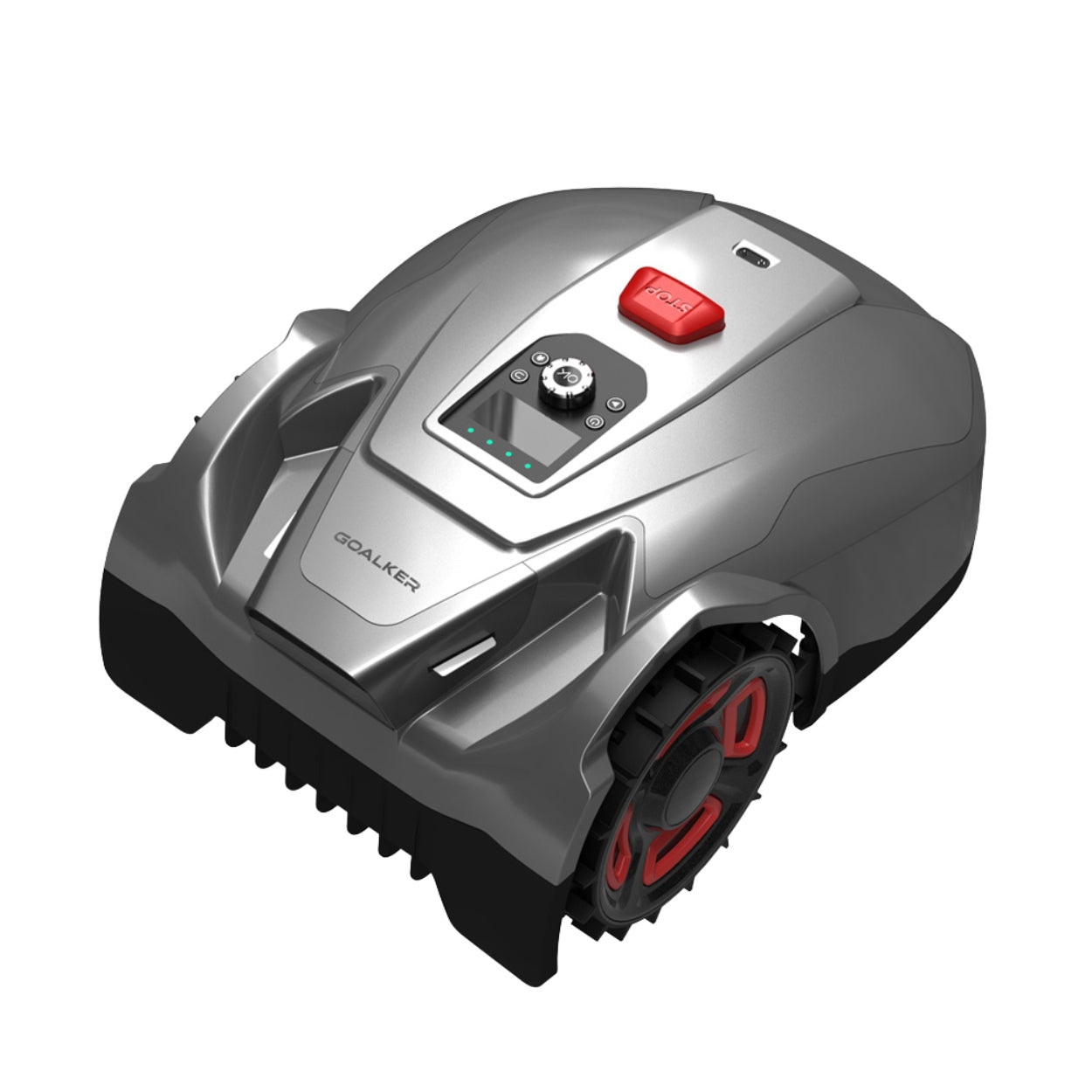 Roboter-Rasenmäher in Silber mit intelligentem Bedienfeld und Notstopp-Taste – modernes, autonomes Mähsystem für Schweizer Gärten