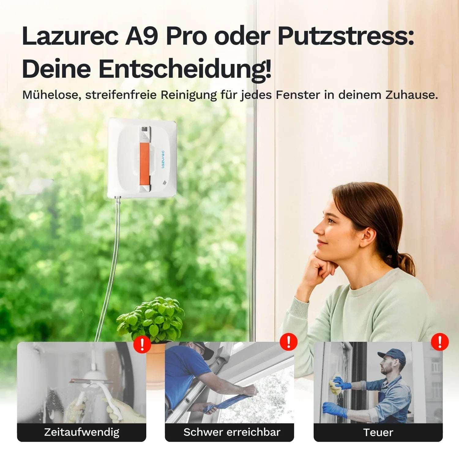 Fensterreinigungsroboter reinigt automatisch Fensterscheibe, während Frau entspannt daneben sitzt, ersetzt mühsames, schwer erreichbares und teures Fensterputzen.