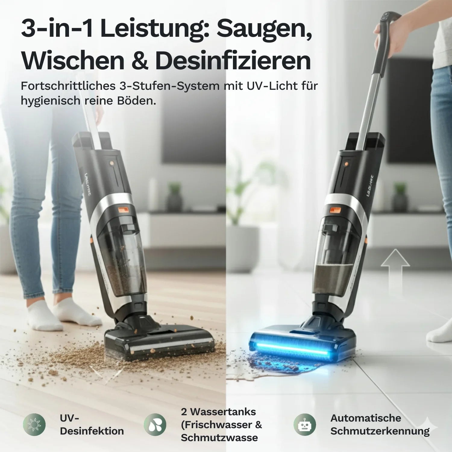 Kabelloser 3-in-1 Staubsauger saugt, wischt und desinfiziert Böden mit UV-Licht, verfügt über getrennte Wassertanks und erkennt Schmutz automatisch für gründliche Reinigung.