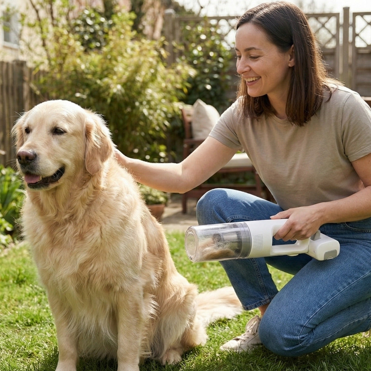 Frau nutzt kabellosen Handstaubsauger im Garten, während sie Hund streichelt, ideal zur schnellen Entfernung von Tierhaaren und Schmutz.