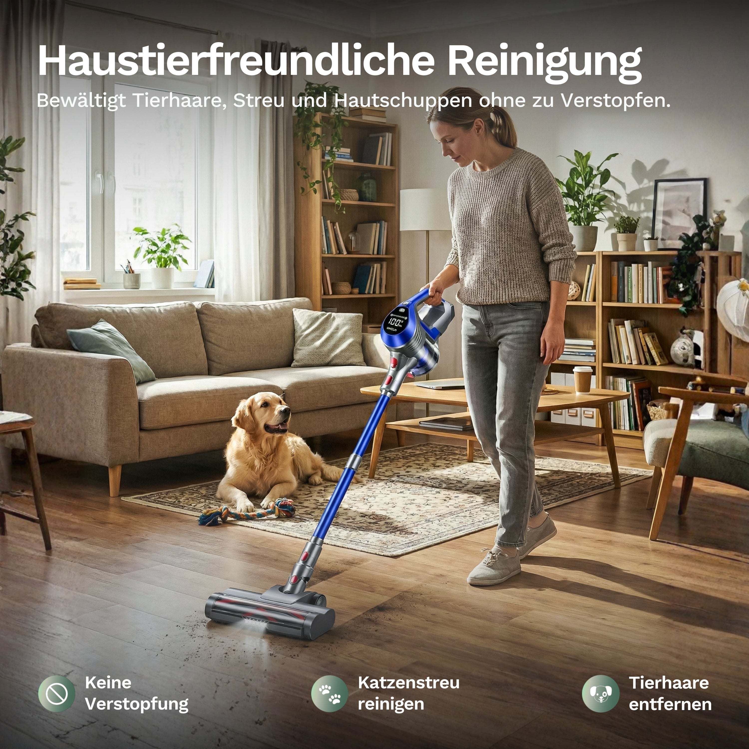 Kabelloser Akku-Staubsauger entfernt Tierhaare im Wohnzimmer, während Frau neben Hund den Boden reinigt