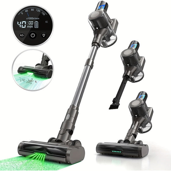 Kabelloser Akku-Staubsauger mit LED-Bodenbürste, digitalem Display und vielseitigen Aufsätzen für gründliche Reinigung auf allen Oberflächen
