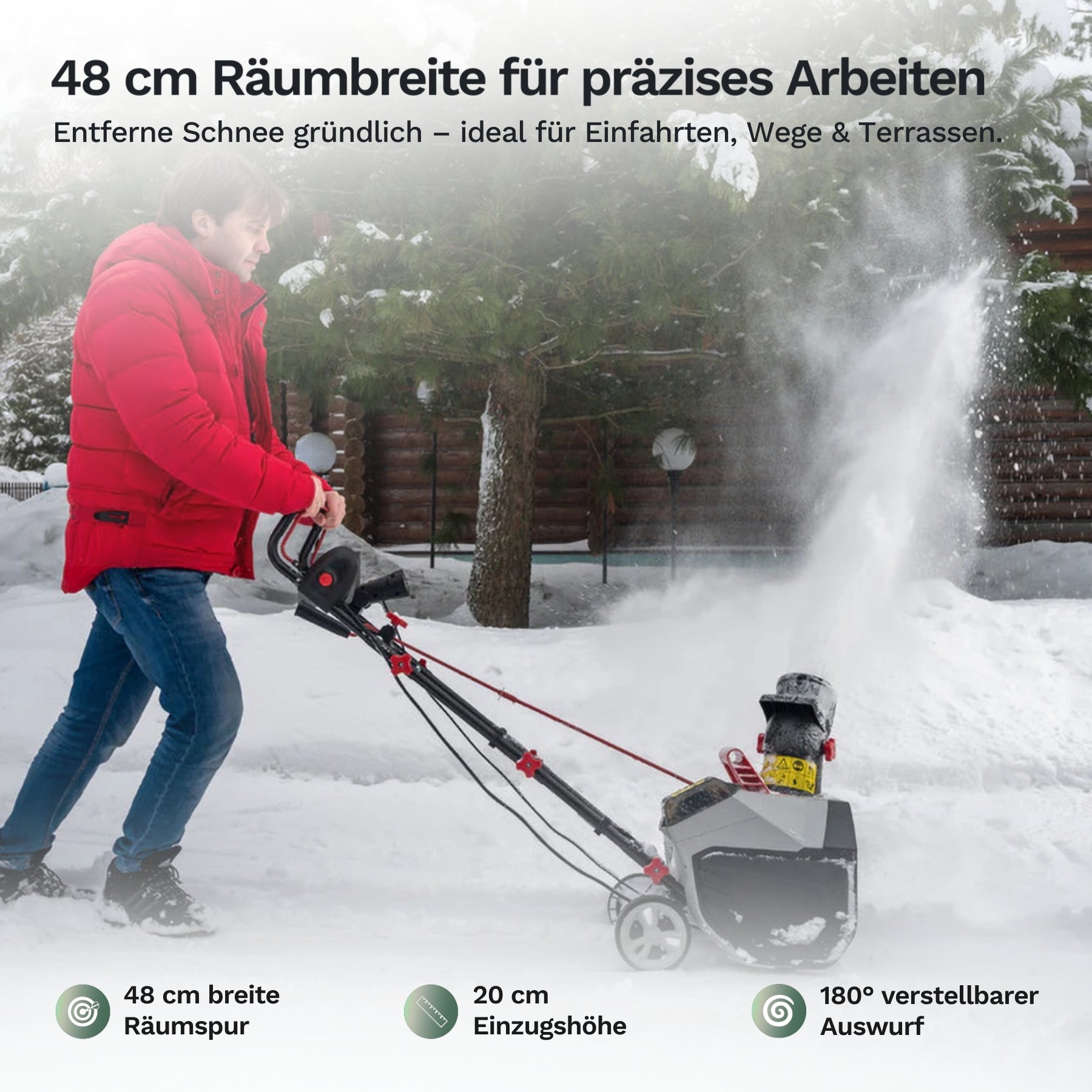 Mann räumt Schnee mit Schneefräse auf verschneitem Weg, 48 cm Räumbreite sorgt für effizientes und präzises Arbeiten auf Einfahrten und Terrassen.