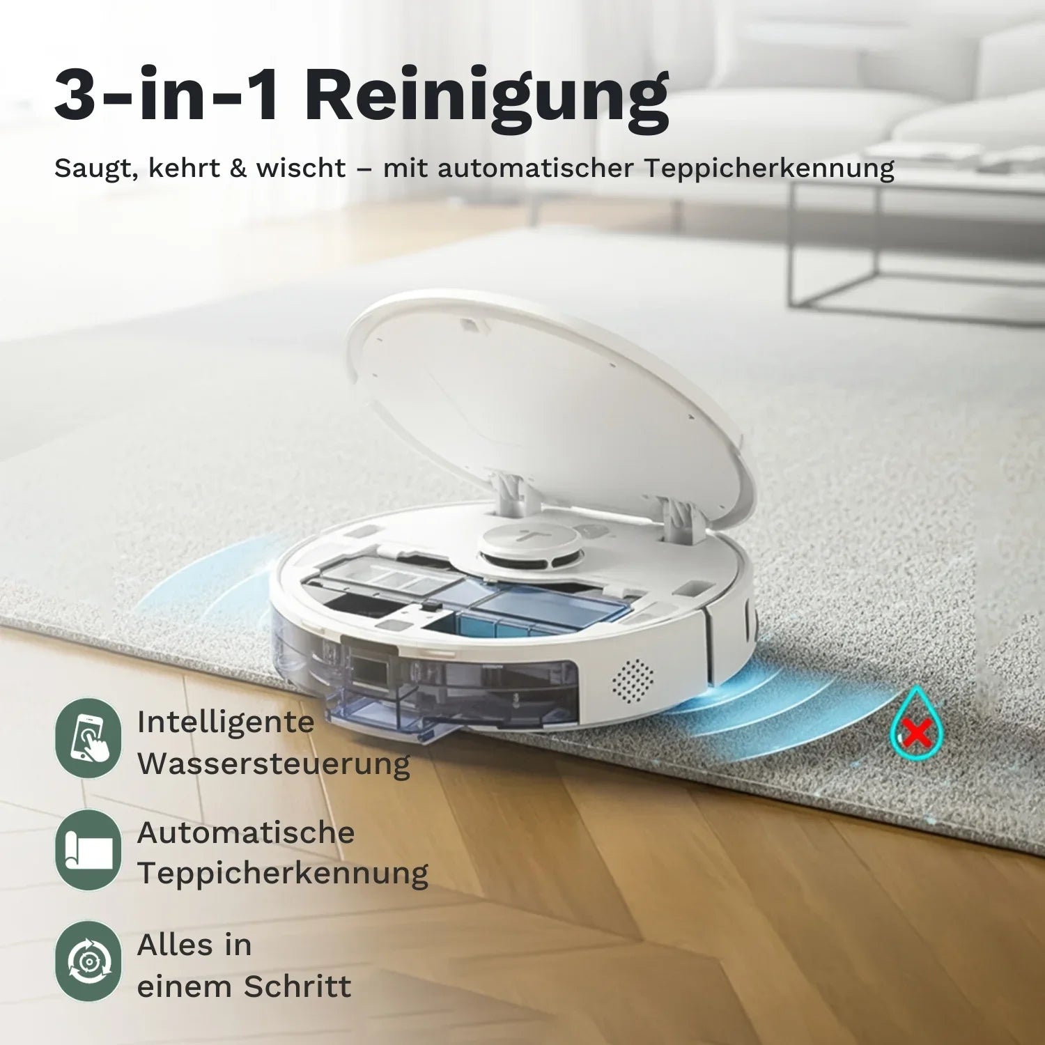 Saugroboter mit 3-in-1 Reinigung saugt, kehrt und wischt Böden, erkennt automatisch Teppiche und passt die Wassersteuerung für effiziente Reinigung an.