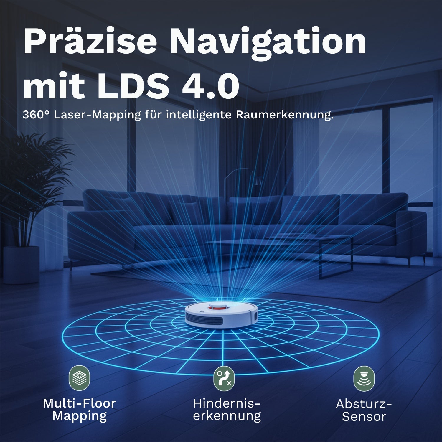 Saugroboter nutzt LDS 4.0 Laser-Navigation mit 360° Mapping für präzise Raumerkennung, Hindernisvermeidung und sichere Reinigung auf mehreren Etagen.