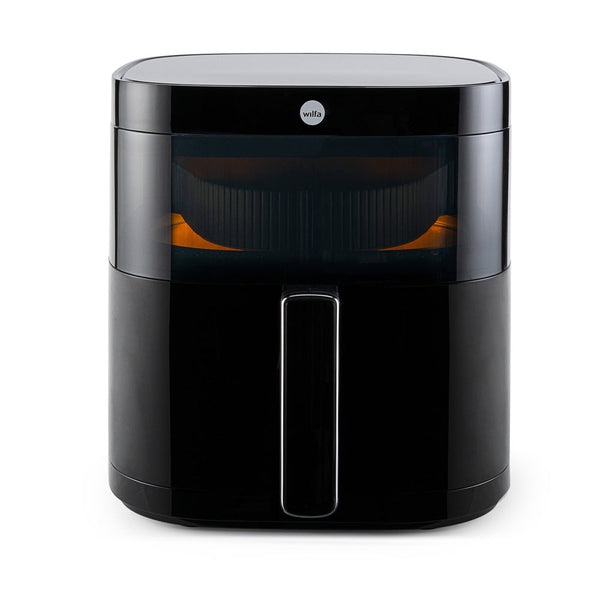 Schwarze Airfryer-Heissluftfritteuse mit Frontfenster und Griff, zeigt gleichmässige Zubereitung im Inneren für knusprige Ergebnisse.