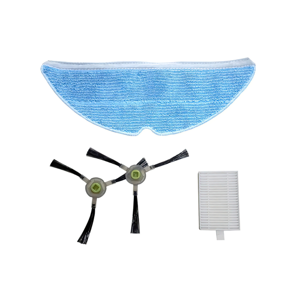 Zubehörset für Saugroboter mit Mikrofaser-Wischpad, zwei Seitenbürsten und HEPA-Filter für gründliche Reinigung und Wartung.
